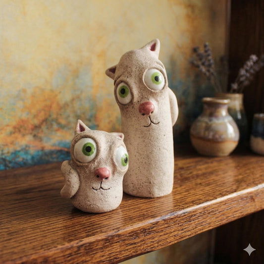 Handmade Ceramic Cat Pair: Whimsical Shelf Decor Sculpture - store - of - prashant